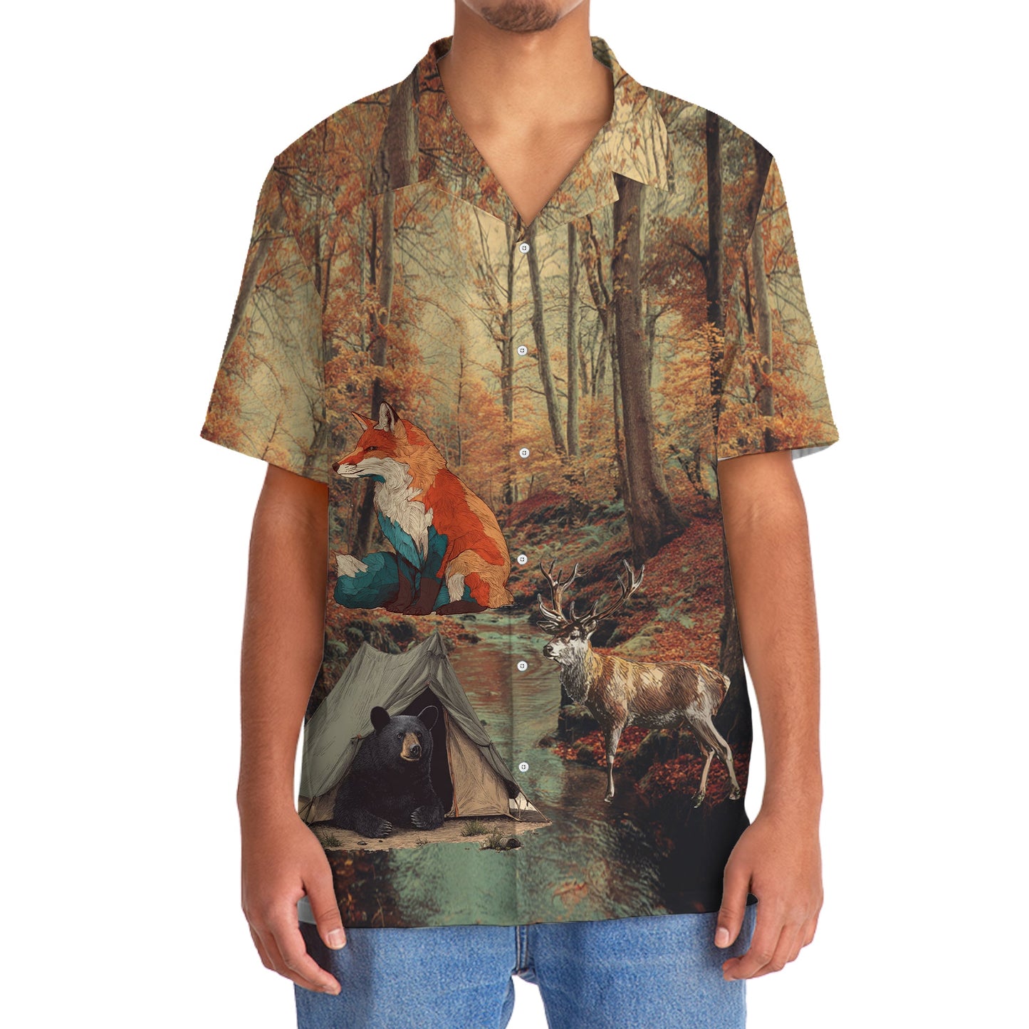Vintage Camping Forest Autumn Hawaiian Shirt - 2XL - hawaiian shirt