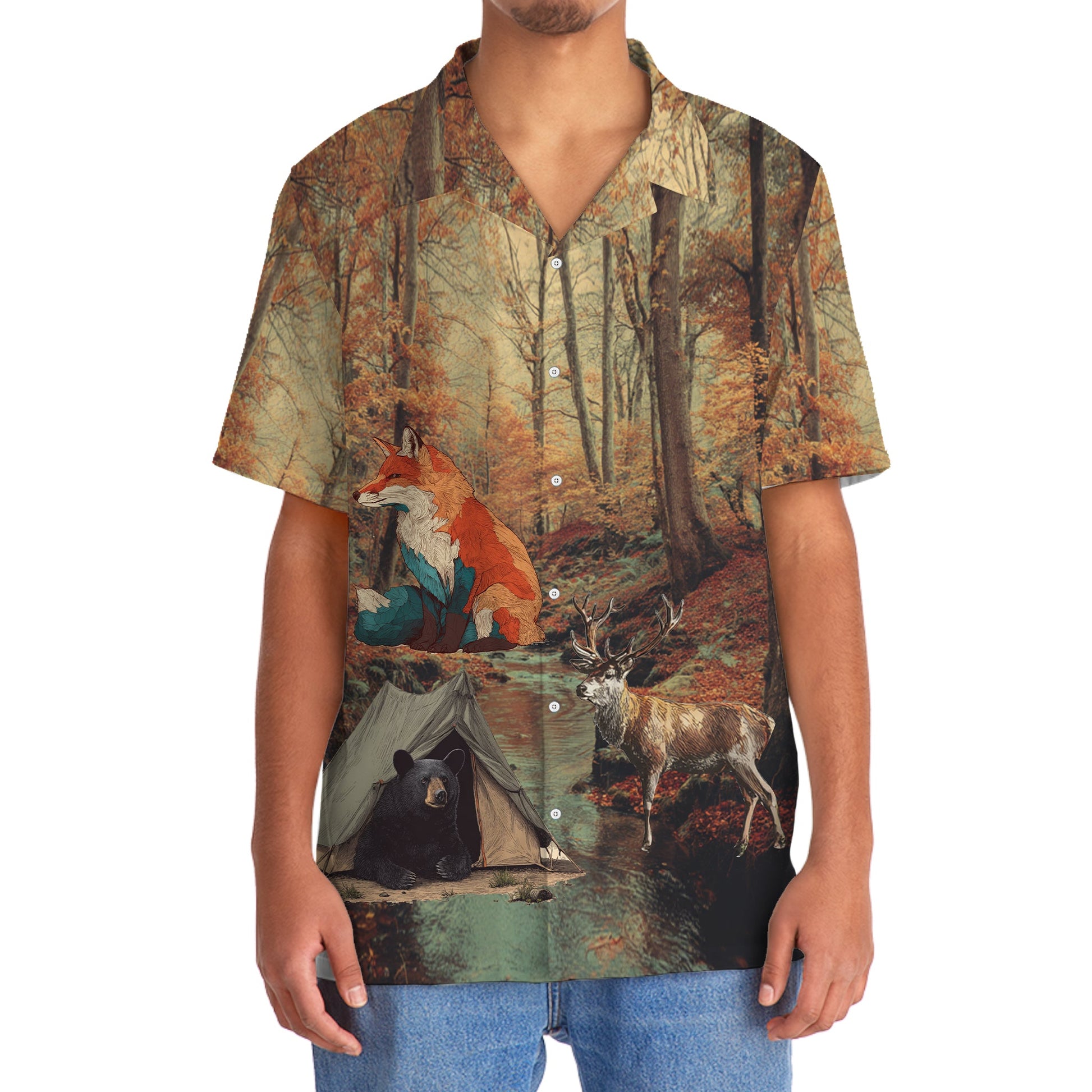 Vintage Camping Forest Autumn Hawaiian Shirt - 2XL - hawaiian shirt
