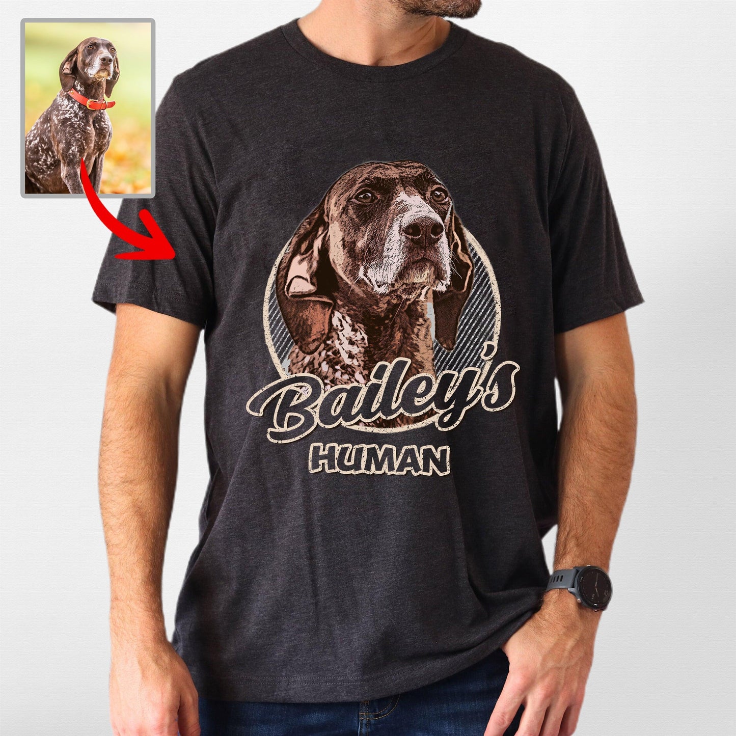 Vintage Custom Dog Portrait Bella Canvas Tee, custom pet portrait gift for pet lovers (view 3)