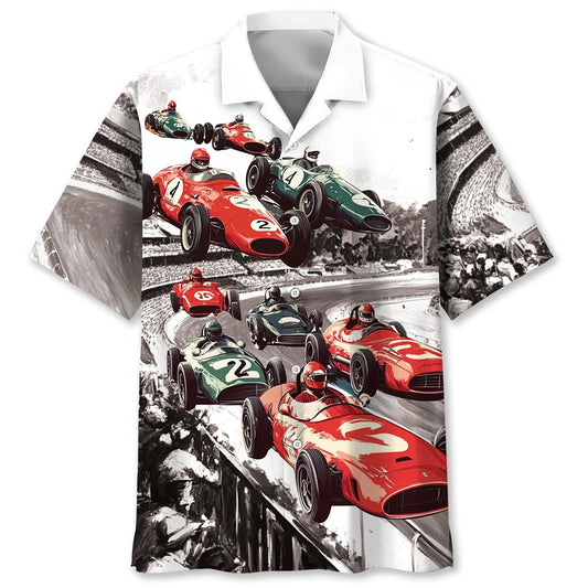 Vintage European Racing Black White Hawaiian Shirt, custom shirt gift for men
