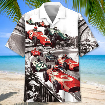 Vintage European Racing Black White Hawaiian Shirt, custom shirt gift for men (view 3)