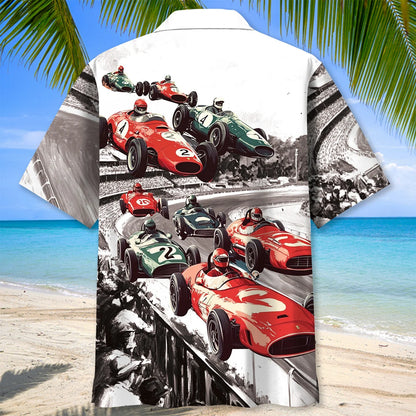 Vintage European Racing Black White Hawaiian Shirt, custom shirt gift for men (view 4)