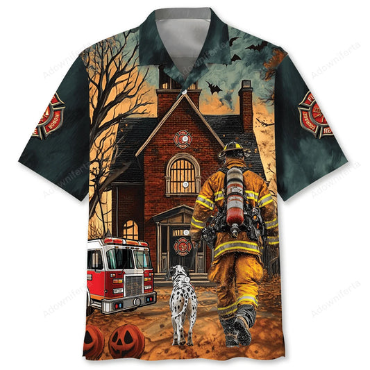 Vintage Firefighter Halloween Night Art Hawaiian Shirt, custom shirt gift for men