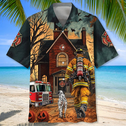Vintage Firefighter Halloween Night Art Hawaiian Shirt, custom shirt gift for men (view 3)