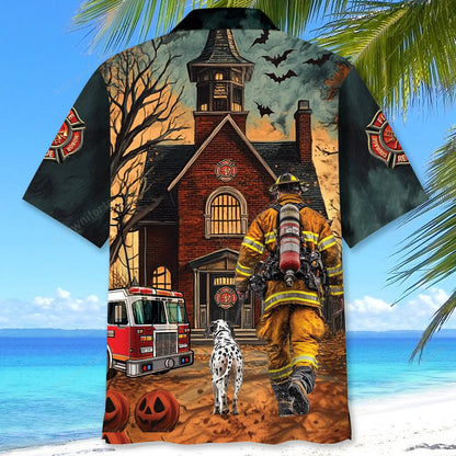Vintage Firefighter Halloween Night Art Hawaiian Shirt, custom shirt gift for men (view 4)