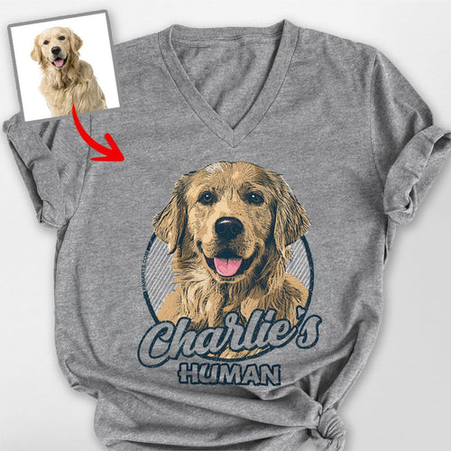 Vintage Graphic Custom Dogface V-Neck Shirt, custom pet portrait gift for pet lovers