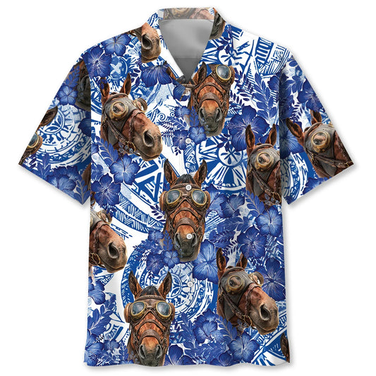 Vintage Horse Blue Hibiscus Hawaiian Shirt, custom shirt gift for men
