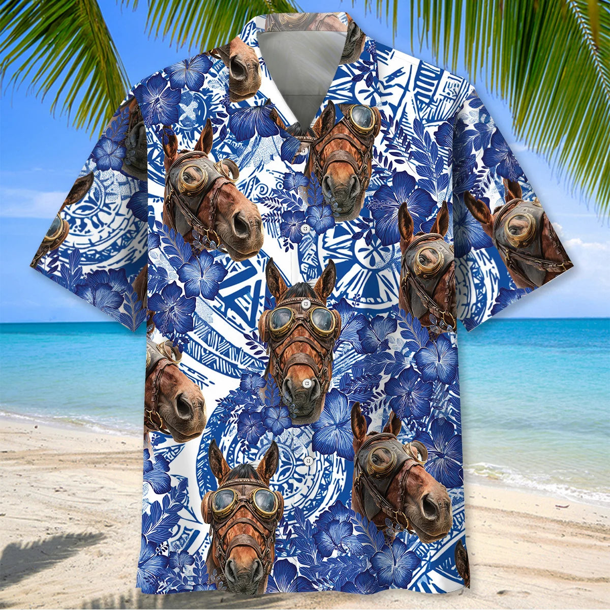 Vintage Horse Blue Hibiscus Hawaiian Shirt, custom shirt gift for men (view 2)