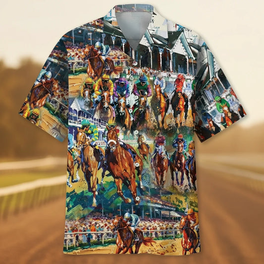 Vintage Horse Racing Art Hawaiian Shirt, custom shirt gift for men