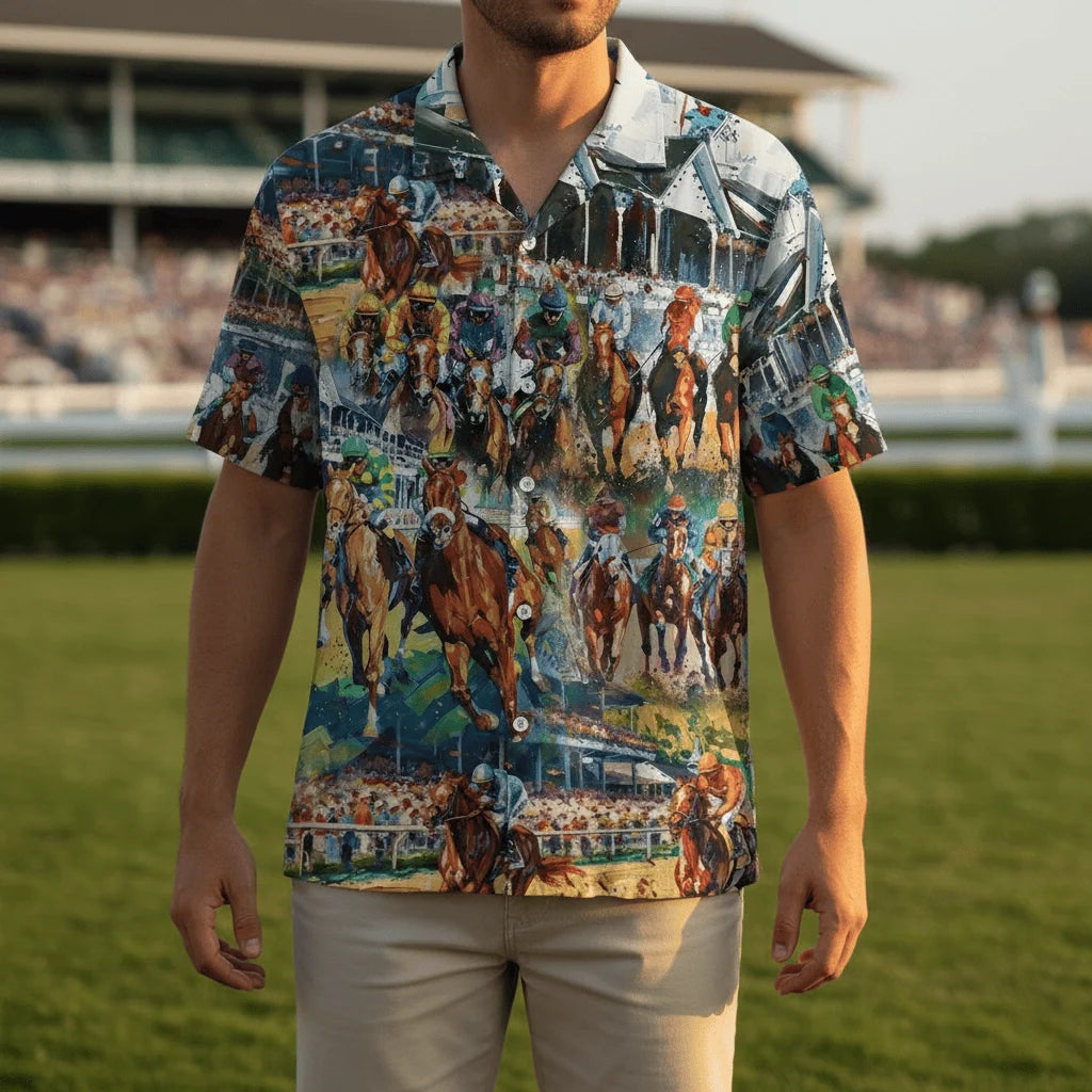 Vintage Horse Racing Art Hawaiian Shirt, custom shirt gift for men (view 3)
