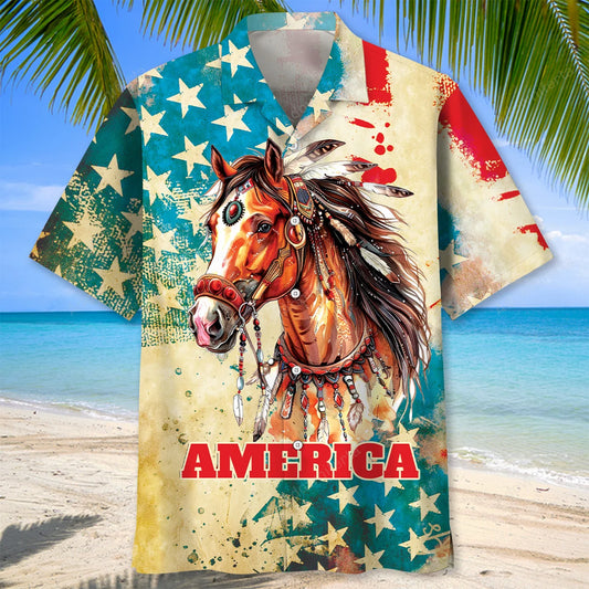 Vintage Horse Usa Hawaiian Shirt, patriotic gift for 4th of July