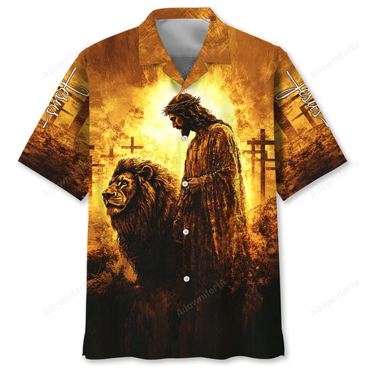 Vintage Jesus and Lion Art Hawaiian Shirt, custom shirt gift for men
