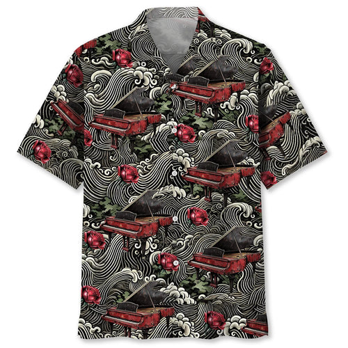 Vintage Red Grand Piano Rose Hawaiian Shirt, custom shirt gift for men