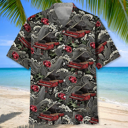 Vintage Red Grand Piano Rose Hawaiian Shirt, custom shirt gift for men (view 3)
