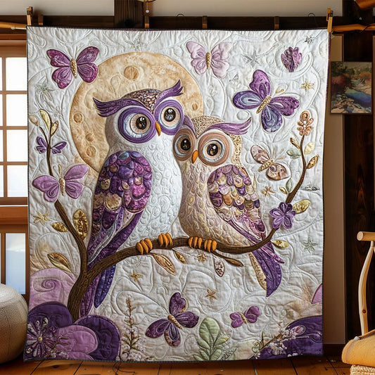 Violet Owl Couple Quilt Blanket