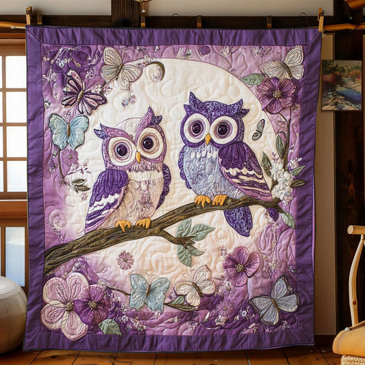 Violet Owl Couple Quilt Blanket