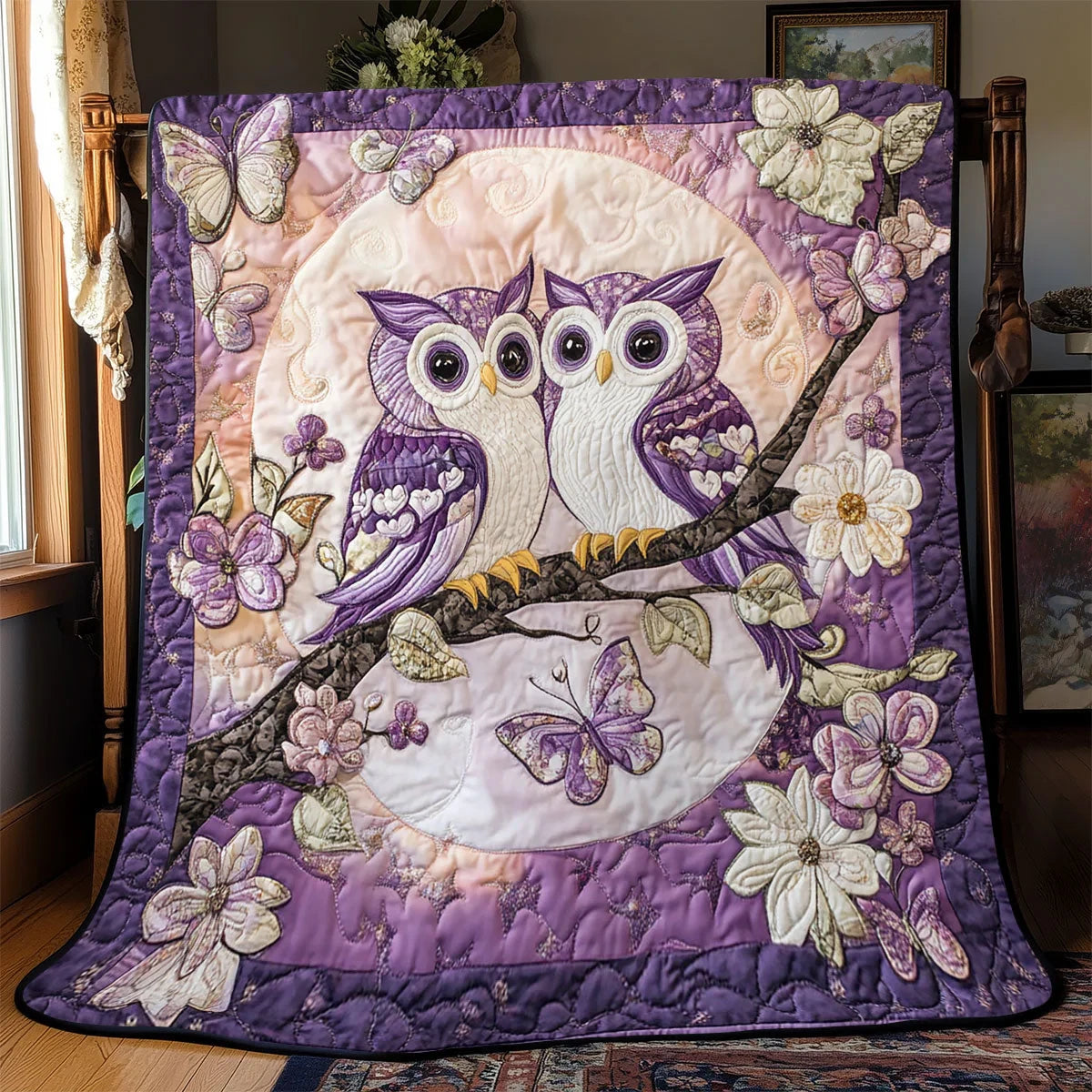 Violet Owl Couple Quilt Blanket