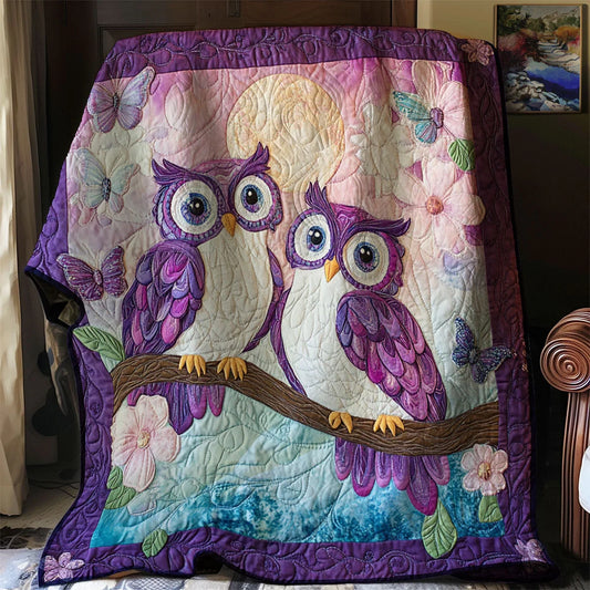 Violet Owl Couple Quilt Blanket
