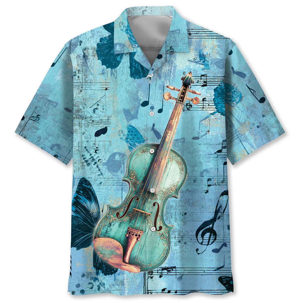 Violin Blue Butterflies Hawaiian Shirt, custom shirt gift for men (view 2)