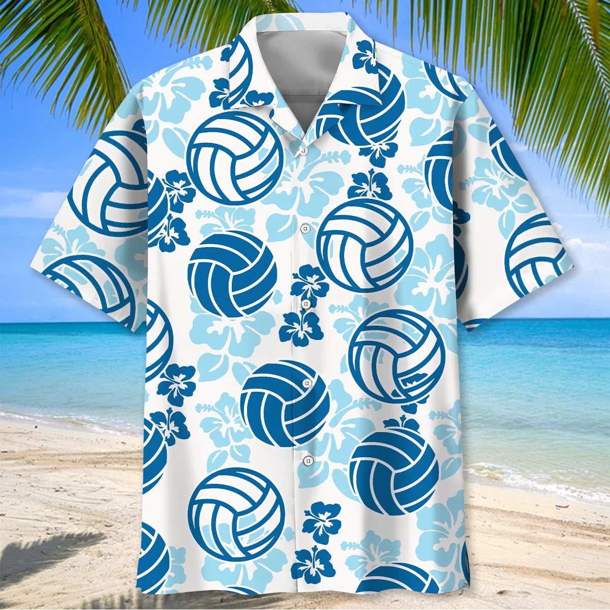 Volleyball Blue Hibiscus Hawaiian Shirt, custom shirt gift for men