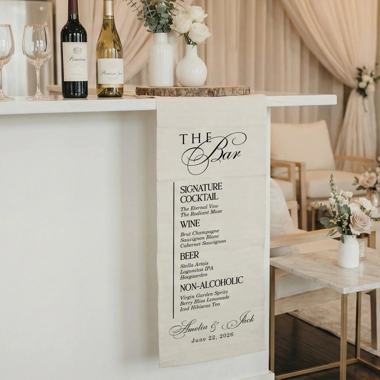 Wedding Bar Menu Table Runner Personalized Cocktail Menu Custom Wedding Bar Decor, personalized wedding decor