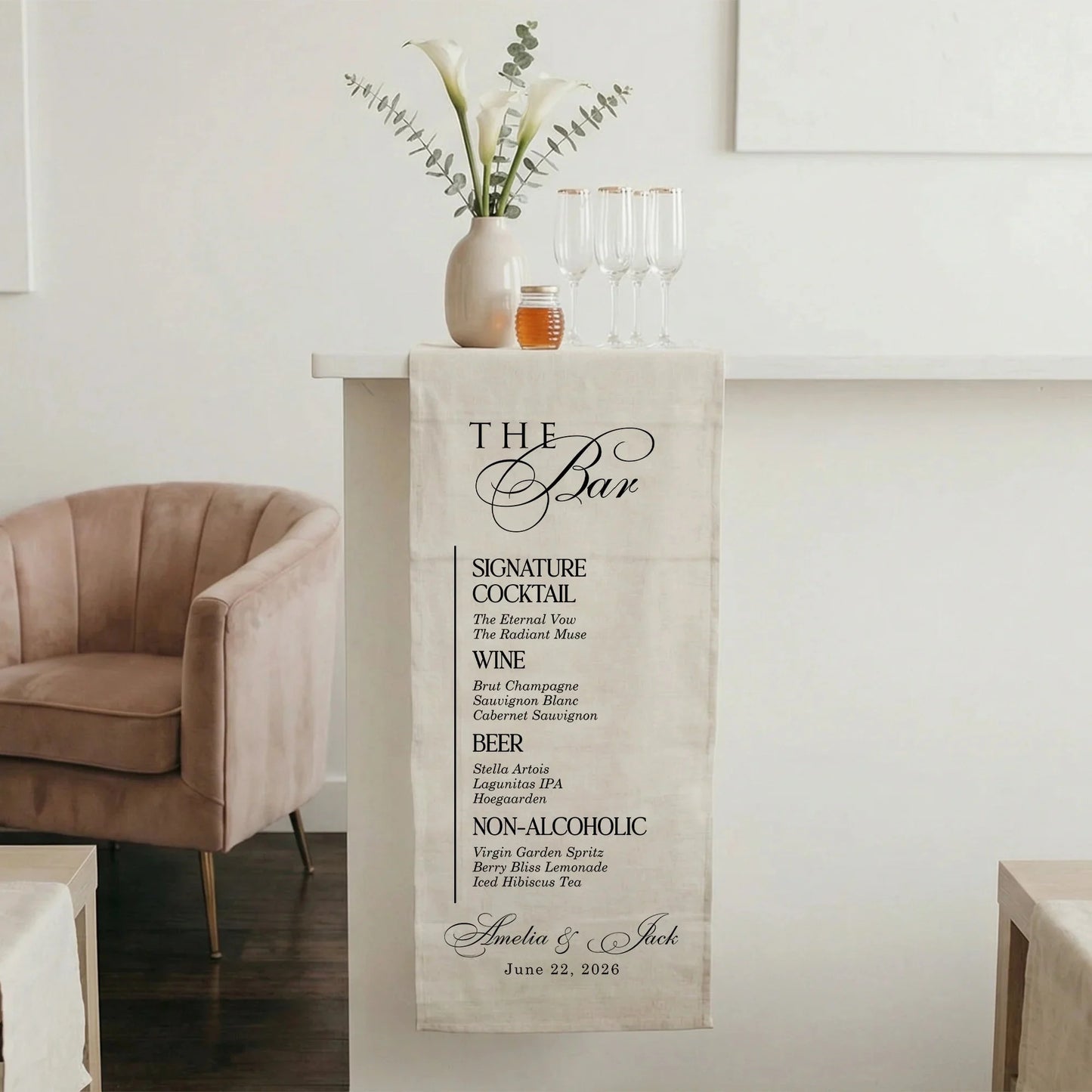 Wedding Bar Menu Table Runner Personalized Cocktail Menu Custom Wedding Bar Decor, personalized wedding decor (view 6)