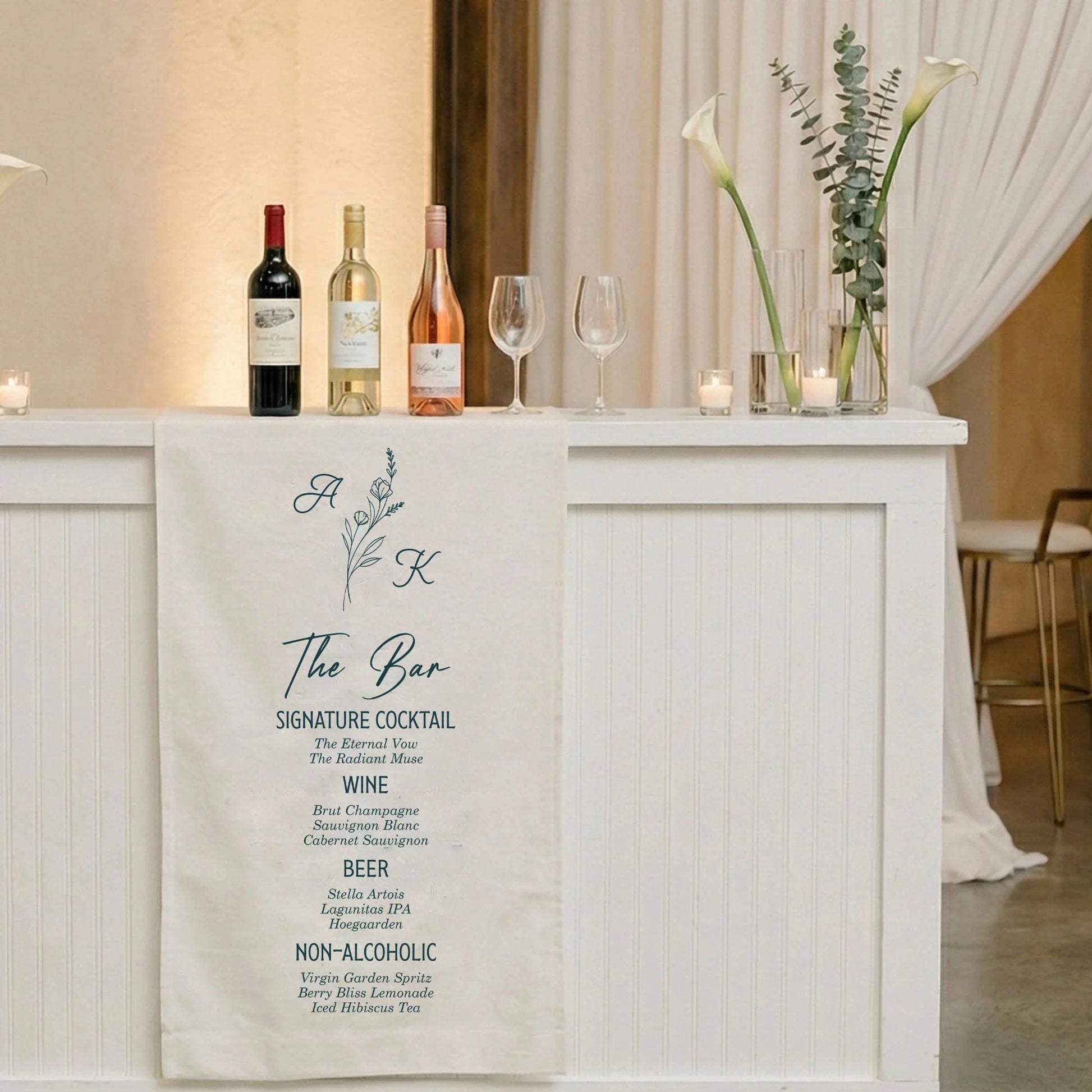 Wedding Bar Menu Table Runner Personalized Cocktail Menu Custom Initials Wedding Bar Decor, personalized wedding decor