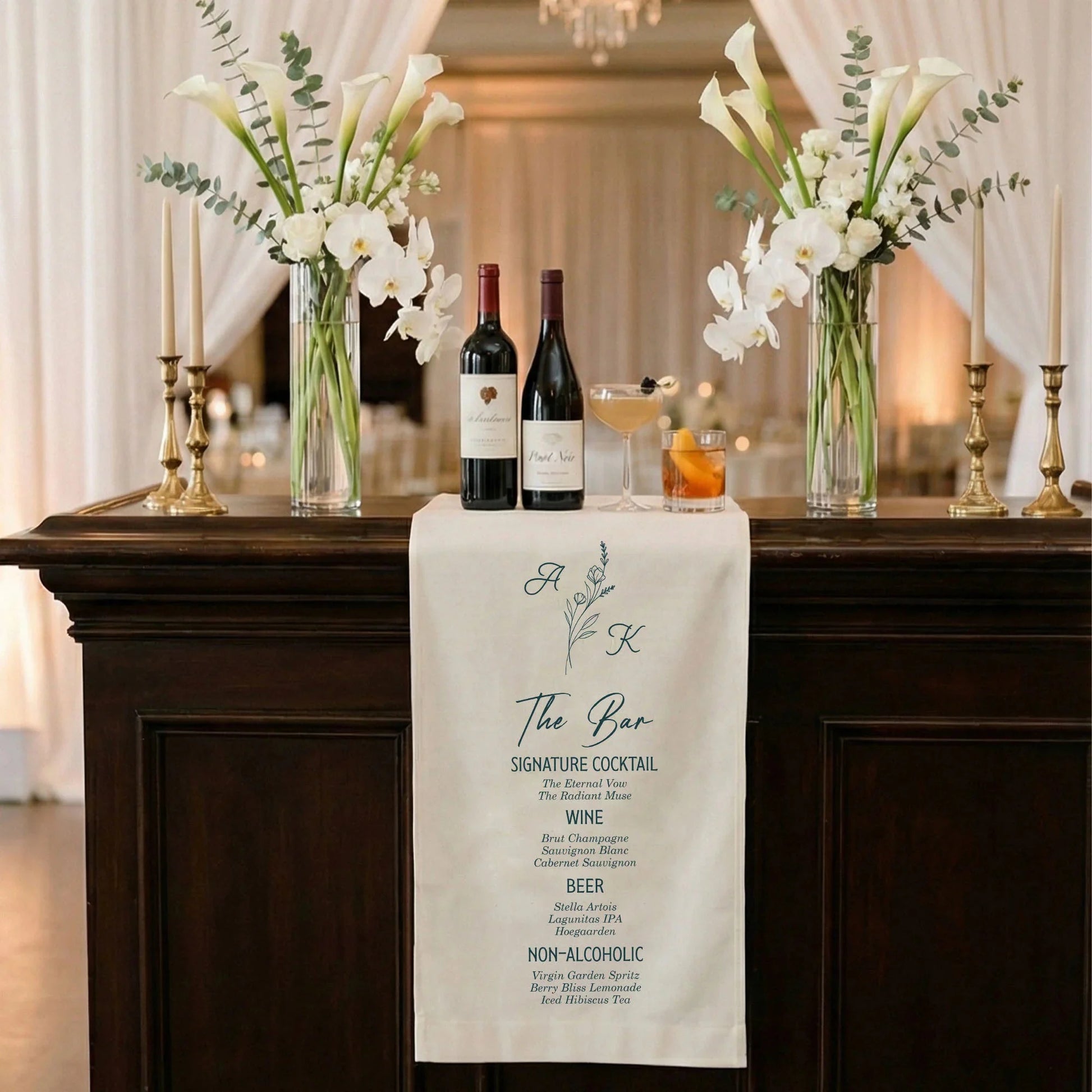 Wedding Bar Menu Table Runner Personalized Cocktail Menu Custom Initials Wedding Bar Decor, personalized wedding decor