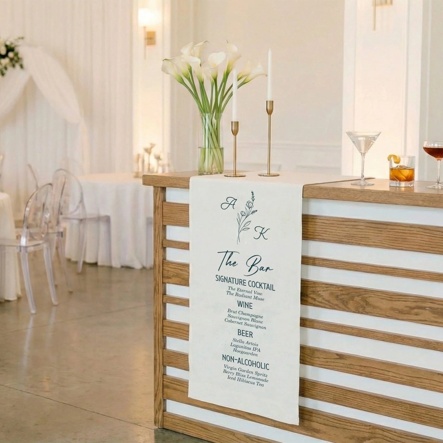 Wedding Bar Menu Table Runner Personalized Cocktail Menu Custom Initials Wedding Bar Decor, personalized wedding decor