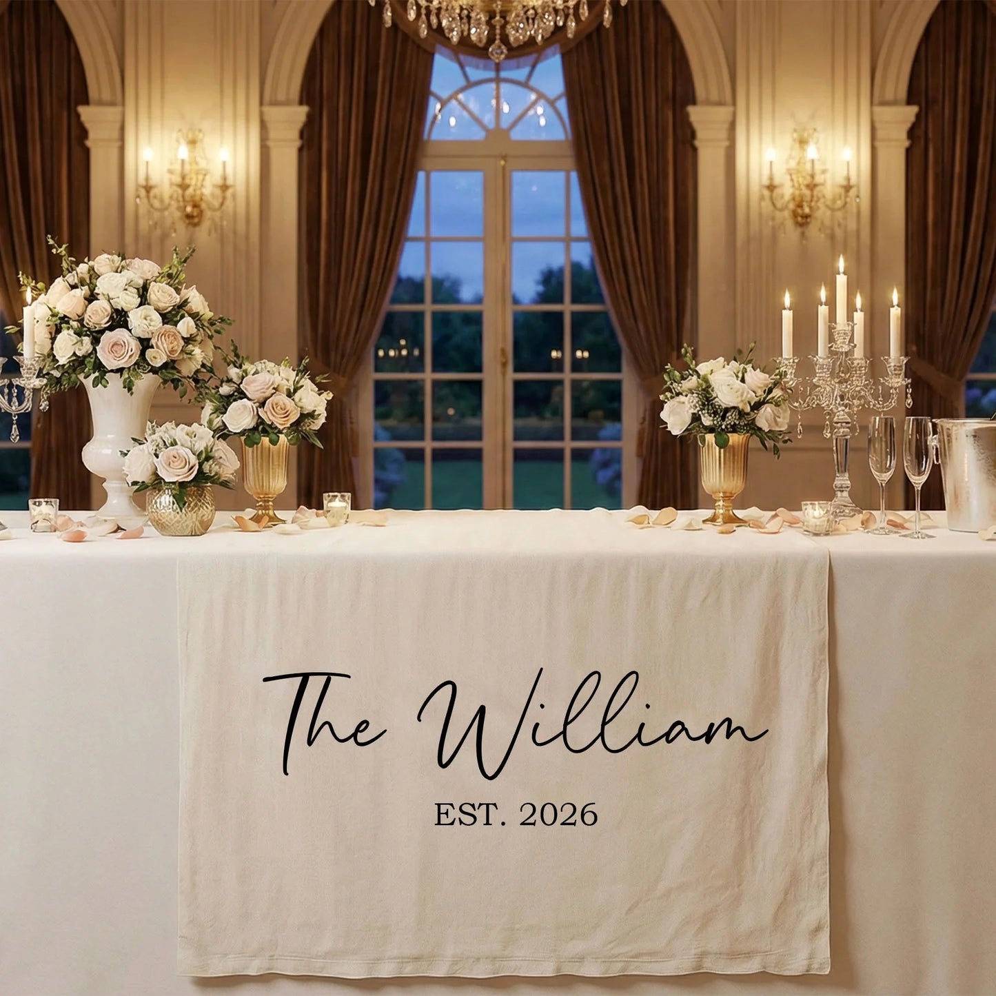 Wedding Table Runner Banner Personalized Family Name Wedding Decor EST Date Linen Table Backdrop (view 2)