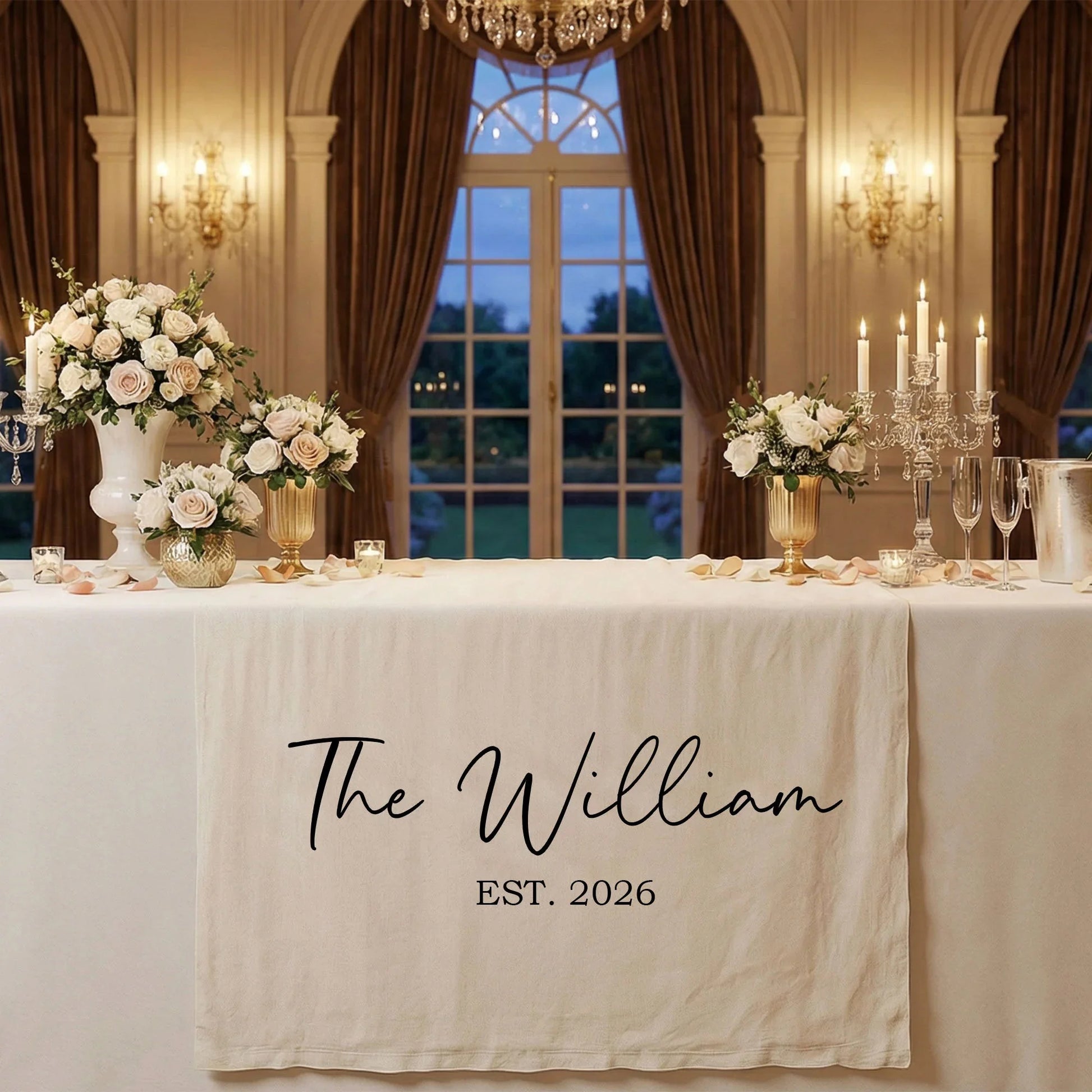 Wedding Table Runner Banner Personalized Family Name Wedding Decor EST Date Linen Table Backdrop (view 2)