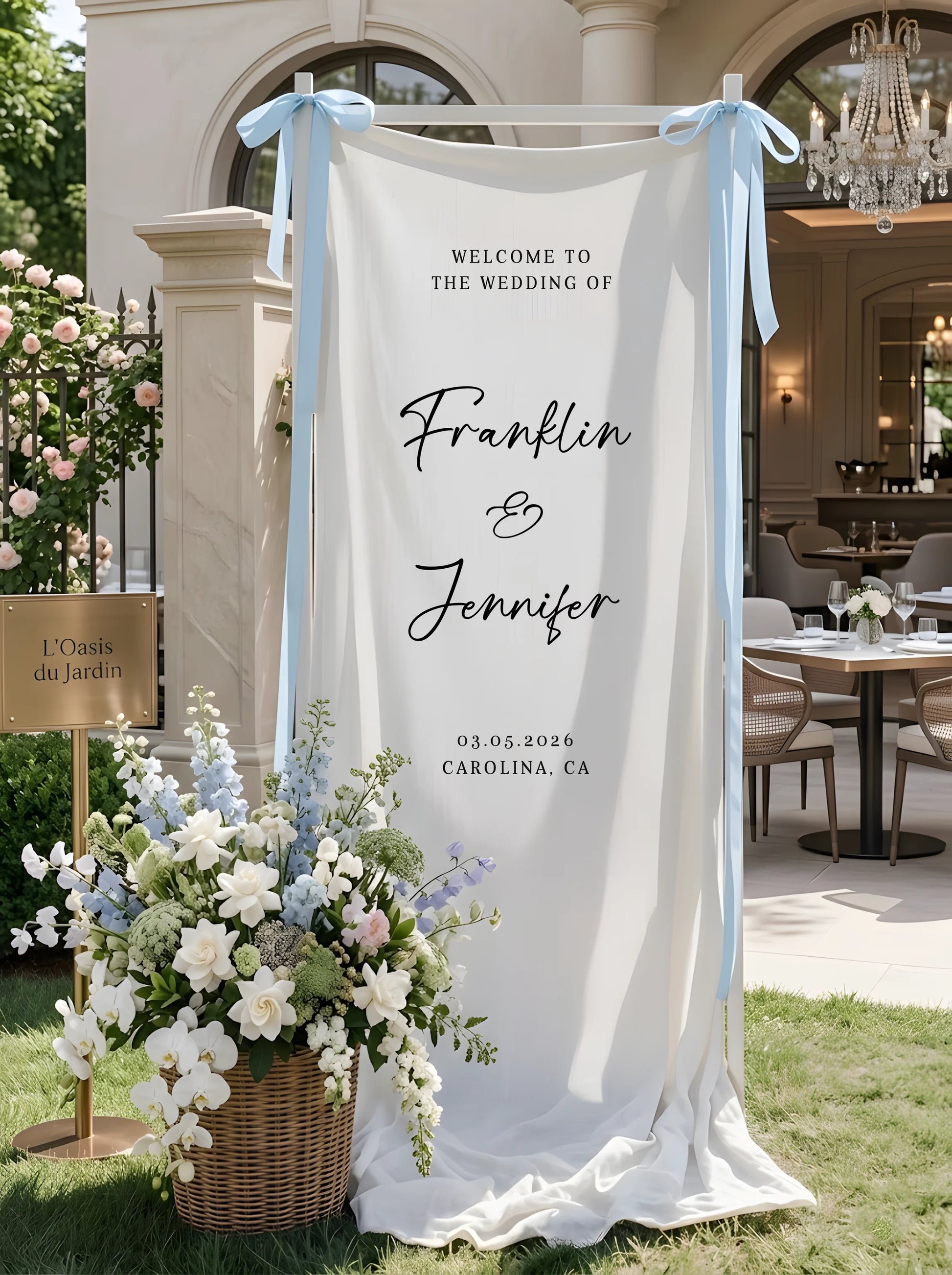Floral Wedding Welcome Banner Personalized Linen Wedding Backdrop Custom Name Ceremony Decor (view 4)