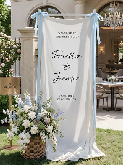 Floral Wedding Welcome Banner Personalized Linen Wedding Backdrop Custom Name Ceremony Decor (view 4)