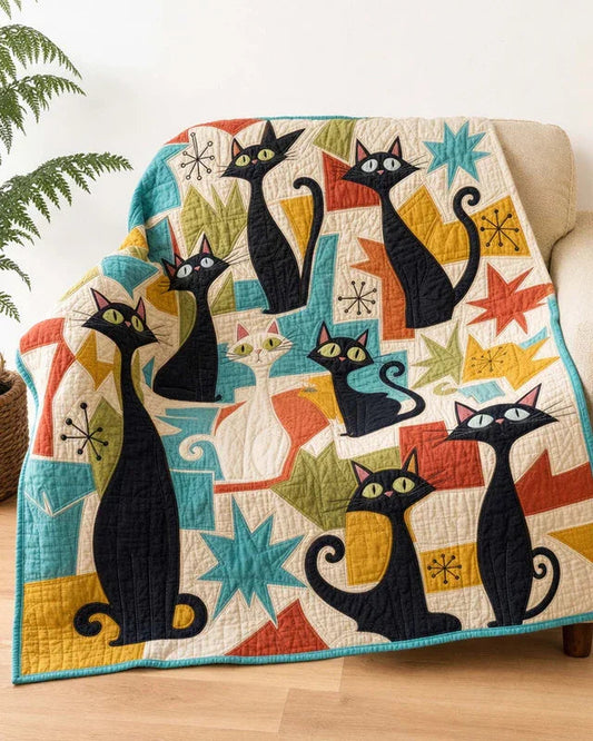 Whimsical Black Cat Quilt Blanket - Quilted Blanket by OtterMia