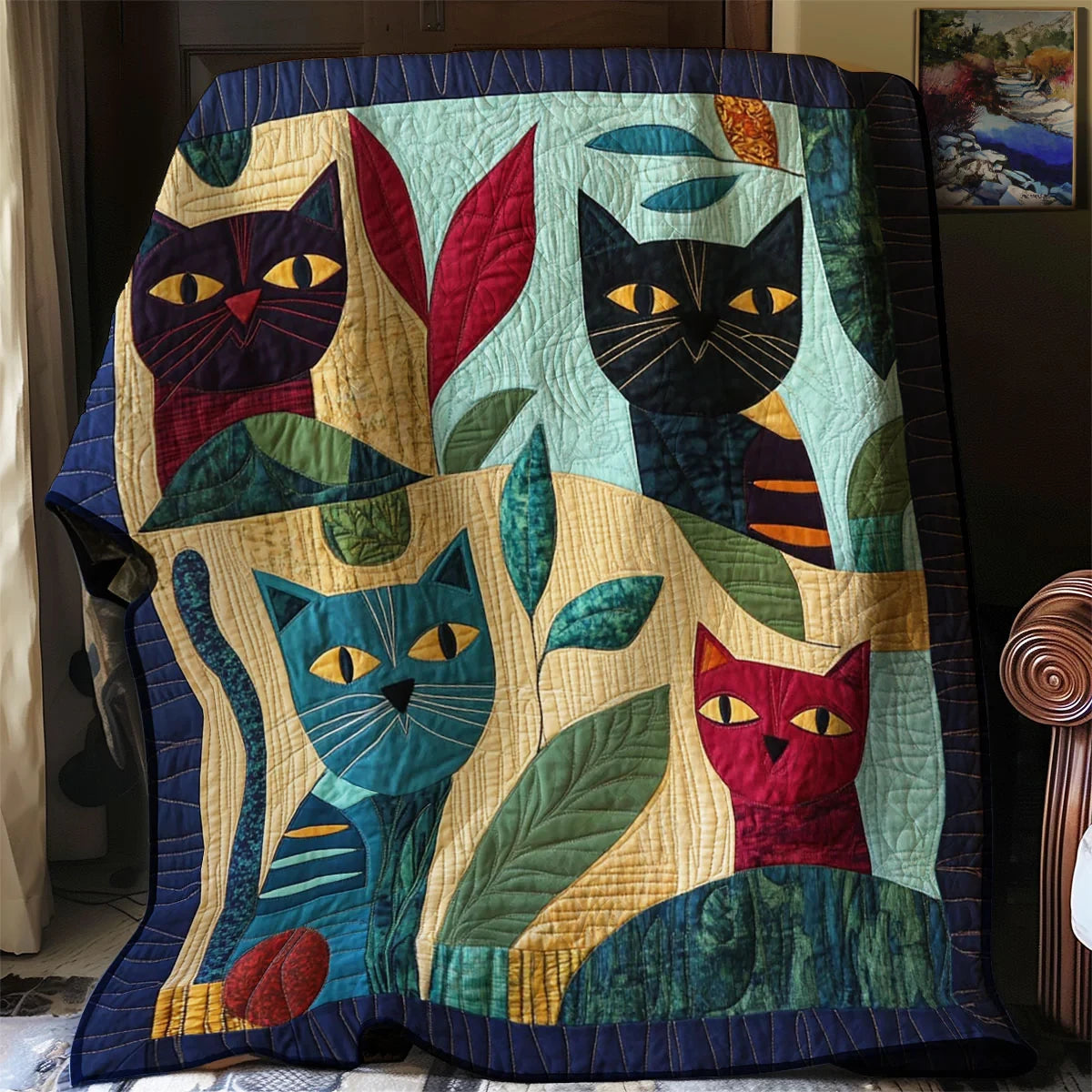Whimsical Cat Forest Quilt Blanket