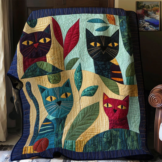 Whimsical Cat Forest Quilt Blanket