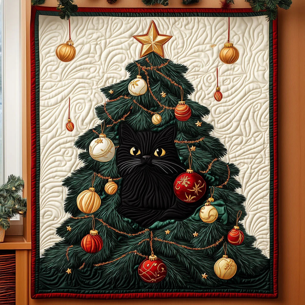 Whimsical Cat With Among Christmas Tree Quilt Blanket