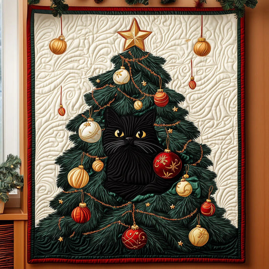 Whimsical Cat With Among Christmas Tree Quilt Blanket