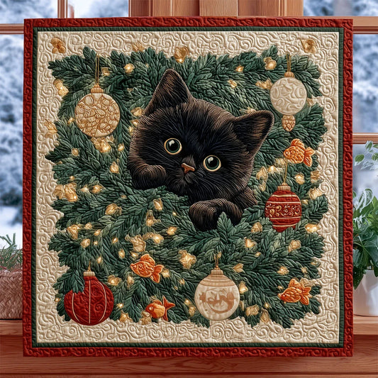 Whimsical Cat With Among Christmas Wreath Quilt Blanket