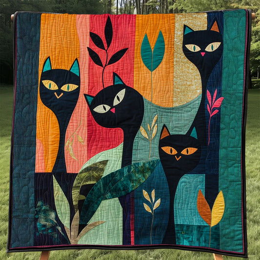 Whimsical Forest Cat Quilt Blanket