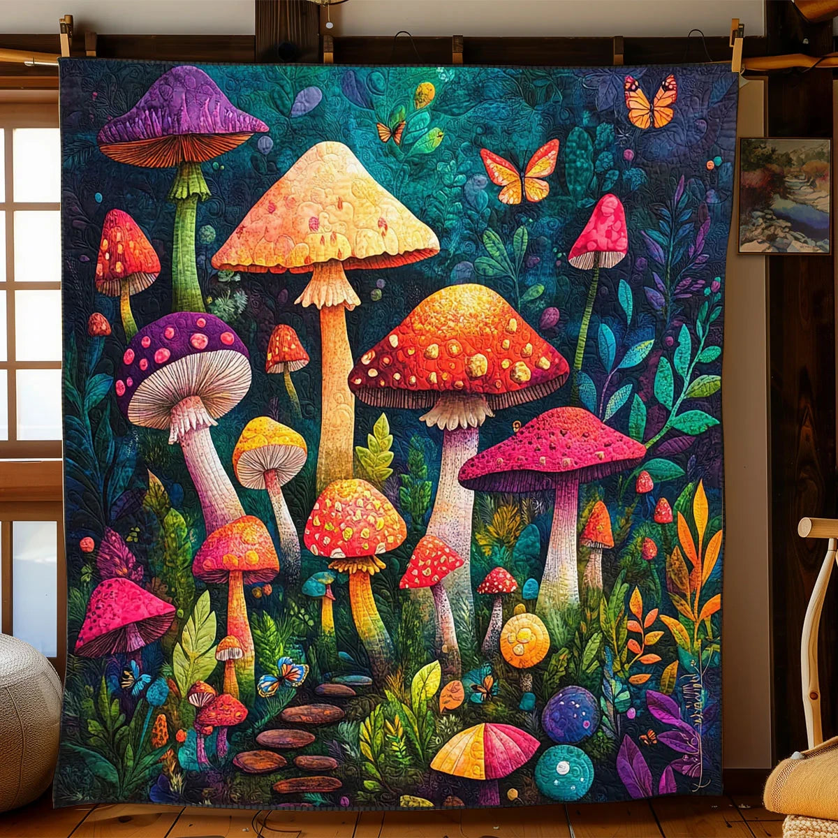 Whimsical Mushroom Forest Quilt Blanket