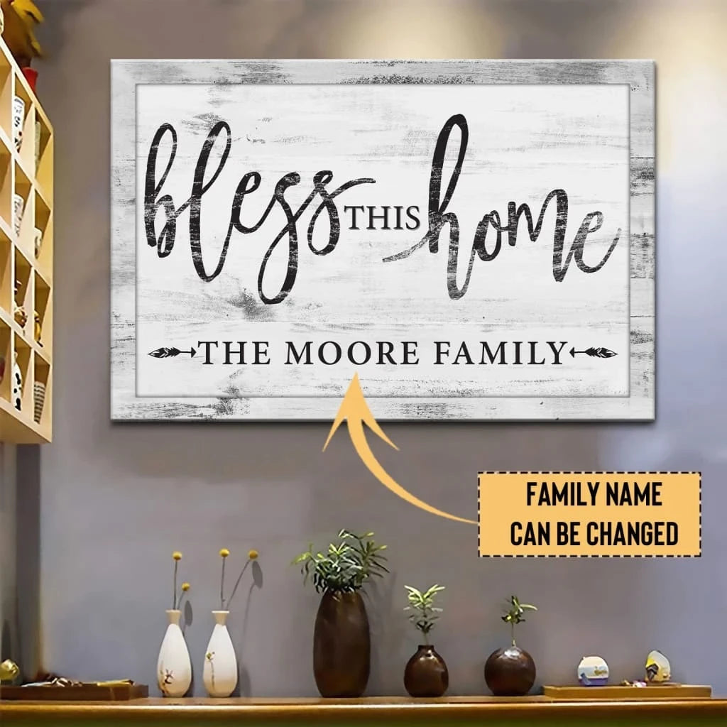 personalized bless this home christian wall art canvas with family name (Landscape) (view 5)