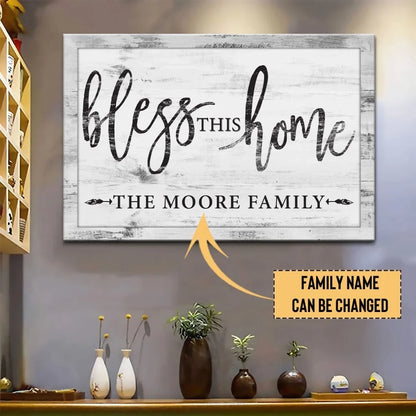 personalized bless this home christian wall art canvas with family name (Landscape) (view 5)