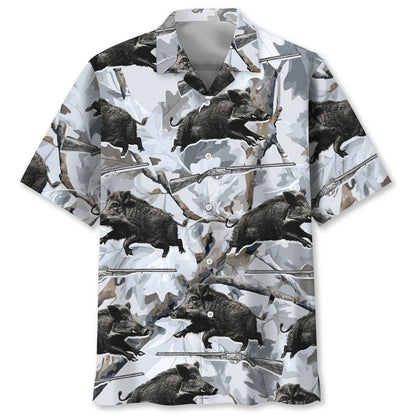 Wild Boar Hunting White Hawaiian Shirt, custom shirt gift for men