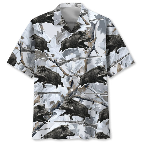 Wild Boar Hunting White Hawaiian Shirt, custom shirt gift for men