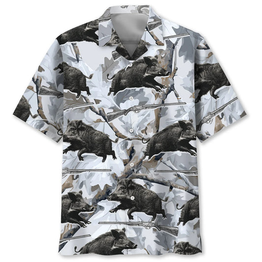 Wild Boar Hunting White Hawaiian Shirt, custom shirt gift for men