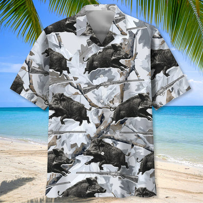 Wild Boar Hunting White Hawaiian Shirt, custom shirt gift for men (view 2)