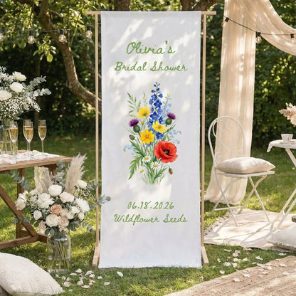 Wildflower Bridal Shower Banner Stand Personalized Floral Bridal Shower Welcome Sign Custom Name Decor, bridal shower decor