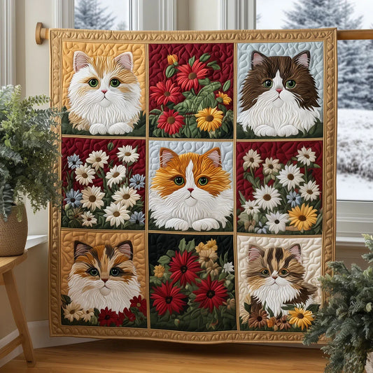 Winter Day Warmth From Floral Cats Quilt Blanket