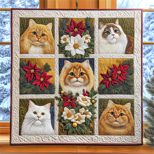 Winter Day Warmth From Floral Cats Quilt Blanket